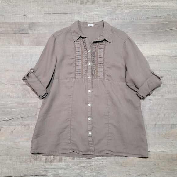 Puro Lino 100% Linen Button Up Roll Tab Shirt Pleated Pintuck Medium Boho Top - Picture 1 of 8